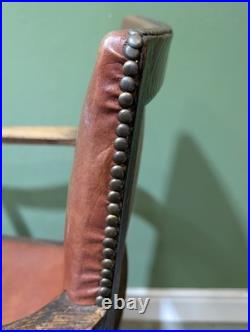 Antique Oak Leather Armchair Carver Office With Studded Back Red English Vintage