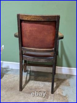 Antique Oak Leather Armchair Carver Office With Studded Back Red English Vintage