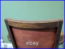 Antique Oak Leather Armchair Carver Office With Studded Back Red English Vintage