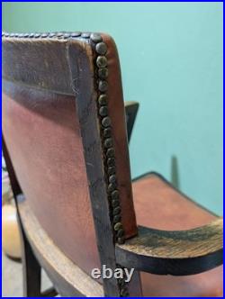 Antique Oak Leather Armchair Carver Office With Studded Back Red English Vintage