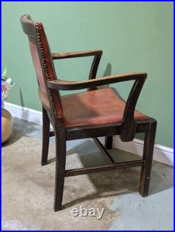 Antique Oak Leather Armchair Carver Office With Studded Back Red English Vintage