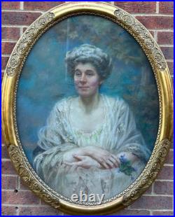 Antique Painting Portrait Of A Lady, Vintage Pastel, Oval Gilt Frame