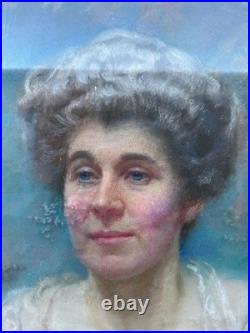 Antique Painting Portrait Of A Lady, Vintage Pastel, Oval Gilt Frame