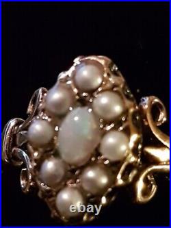 Antique Pink Opal And pearl marquise Ring 9ct gold uk hallmark