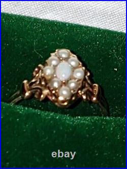 Antique Pink Opal And pearl marquise Ring 9ct gold uk hallmark