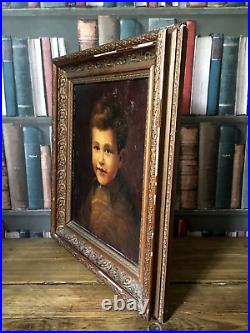 Antique Portrait Oil on Board Painting Young Boy of 4 Gilt Gesso Frame Date 1946