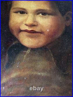 Antique Portrait Oil on Board Painting Young Boy of 4 Gilt Gesso Frame Date 1946