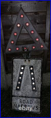 Antique Rare Traffic Sign Road Narrows Reflective Cats Eye Franco Cast Metal Old