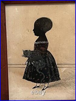 Antique Silhouette English Georgian Portrait Miniature Girl With Cat Folk Art