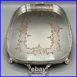 Antique Silver Plate Gallery Serving Tray Large Handles Feet Quality English Vtg