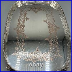Antique Silver Plate Gallery Serving Tray Large Handles Feet Quality English Vtg