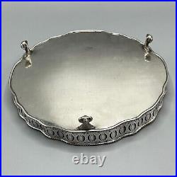 Antique Silver Plated Round Gallery Cocktail Tray Footed Scalloped English Vtg
