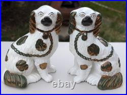 Antique Staffordshire Dog Mantle Spaniel Copper Lustre Vintage Pottery Pair