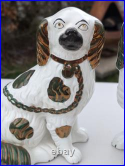 Antique Staffordshire Dog Mantle Spaniel Copper Lustre Vintage Pottery Pair