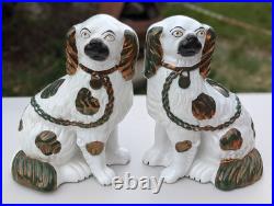 Antique Staffordshire Dog Mantle Spaniel Copper Lustre Vintage Pottery Pair