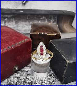 Antique Victorian Navette Ruby & Diamond Vintage Ring 18ct, 750 Gold Size Q