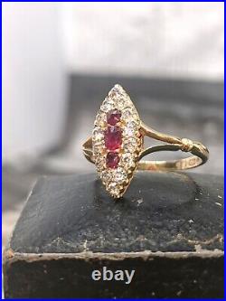 Antique Victorian Navette Ruby & Diamond Vintage Ring 18ct, 750 Gold Size Q