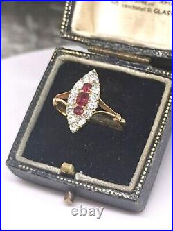 Antique Victorian Ruby & Diamond Vintage Navette Ring 18ct, 18k 750 GOLD Size Q