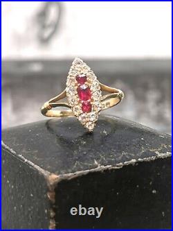 Antique Victorian Ruby & Diamond Vintage Navette Ring 18ct, 18k 750 GOLD Size Q
