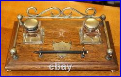 Antique Vintage 1918 Oak & Silver Plate Desk Tidy 2 Glass Inkwells & Pen Stand