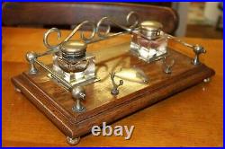Antique Vintage 1918 Oak & Silver Plate Desk Tidy 2 Glass Inkwells & Pen Stand