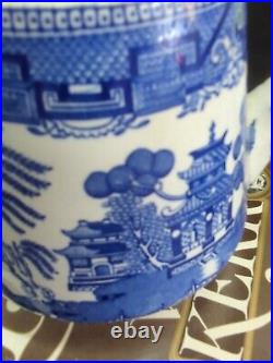 Antique Vintage Blue Willow Engraved English Teapot Bamboo Handle