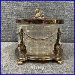 Antique Vintage Crystal Cut Glass Silver Plated Biscuit Box English Seahorse