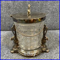 Antique Vintage Crystal Cut Glass Silver Plated Biscuit Box English Seahorse