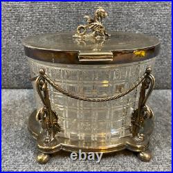 Antique Vintage Crystal Cut Glass Silver Plated Biscuit Box English Seahorse