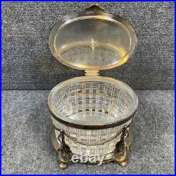 Antique Vintage Crystal Cut Glass Silver Plated Biscuit Box English Seahorse