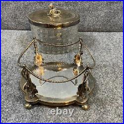 Antique Vintage Crystal Cut Glass Silver Plated Biscuit Box English Seahorse