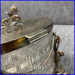 Antique Vintage Crystal Cut Glass Silver Plated Biscuit Box English Seahorse
