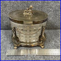 Antique Vintage Crystal Cut Glass Silver Plated Biscuit Box English Seahorse