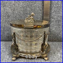 Antique Vintage Crystal Cut Glass Silver Plated Biscuit Box English Seahorse