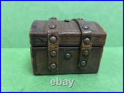 Antique Vintage Dome Top SMALL English Leather red Sued -Wood box Trunk r
