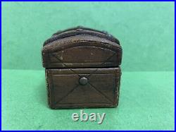 Antique Vintage Dome Top SMALL English Leather red Sued -Wood box Trunk r