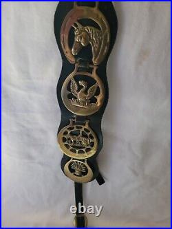 Antique/Vintage English 4 Horse Brass Medallions Leather Strap