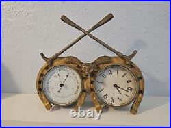 Antique Vintage English Brass Horseshoe Fox Hunt Clock Barometer Clock Set 1900s