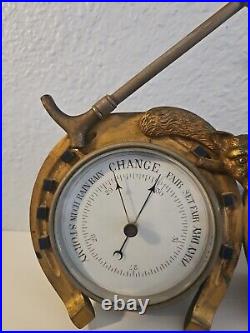 Antique Vintage English Brass Horseshoe Fox Hunt Clock Barometer Clock Set 1900s