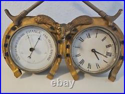 Antique Vintage English Brass Horseshoe Fox Hunt Clock Barometer Clock Set 1900s