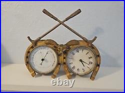 Antique Vintage English Brass Horseshoe Fox Hunt Clock Barometer Clock Set 1900s