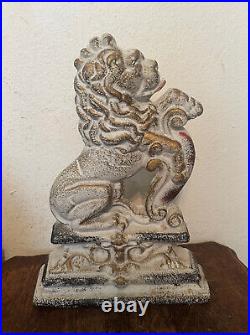 Antique Vintage English Cast Iron Door Stop Lion Rampant w Heraldic Shield, 14