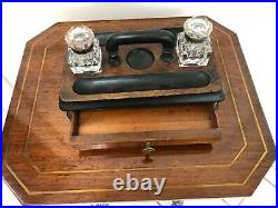 Antique Vintage English Desk Set 2 Crystal Inkwells With Pen Tray & Drawer