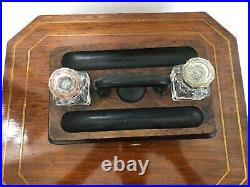 Antique Vintage English Desk Set 2 Crystal Inkwells With Pen Tray & Drawer