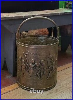 Antique Vintage English Embossed Brass Log Ash Bucket Tavern Scene