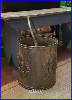 Antique Vintage English Embossed Brass Log Ash Bucket Tavern Scene