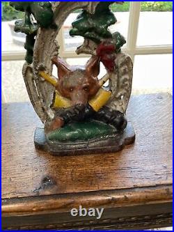 Antique Vintage English Fox Hunt Painted Cast Iron Door Stop Porter 12