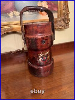 Antique Vintage English Gun Powder Cordite Carrier Leather Bucket W Coat Of Arms