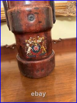 Antique Vintage English Gun Powder Cordite Carrier Leather Bucket W Coat Of Arms
