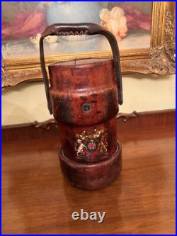 Antique Vintage English Gun Powder Cordite Carrier Leather Bucket W Coat Of Arms